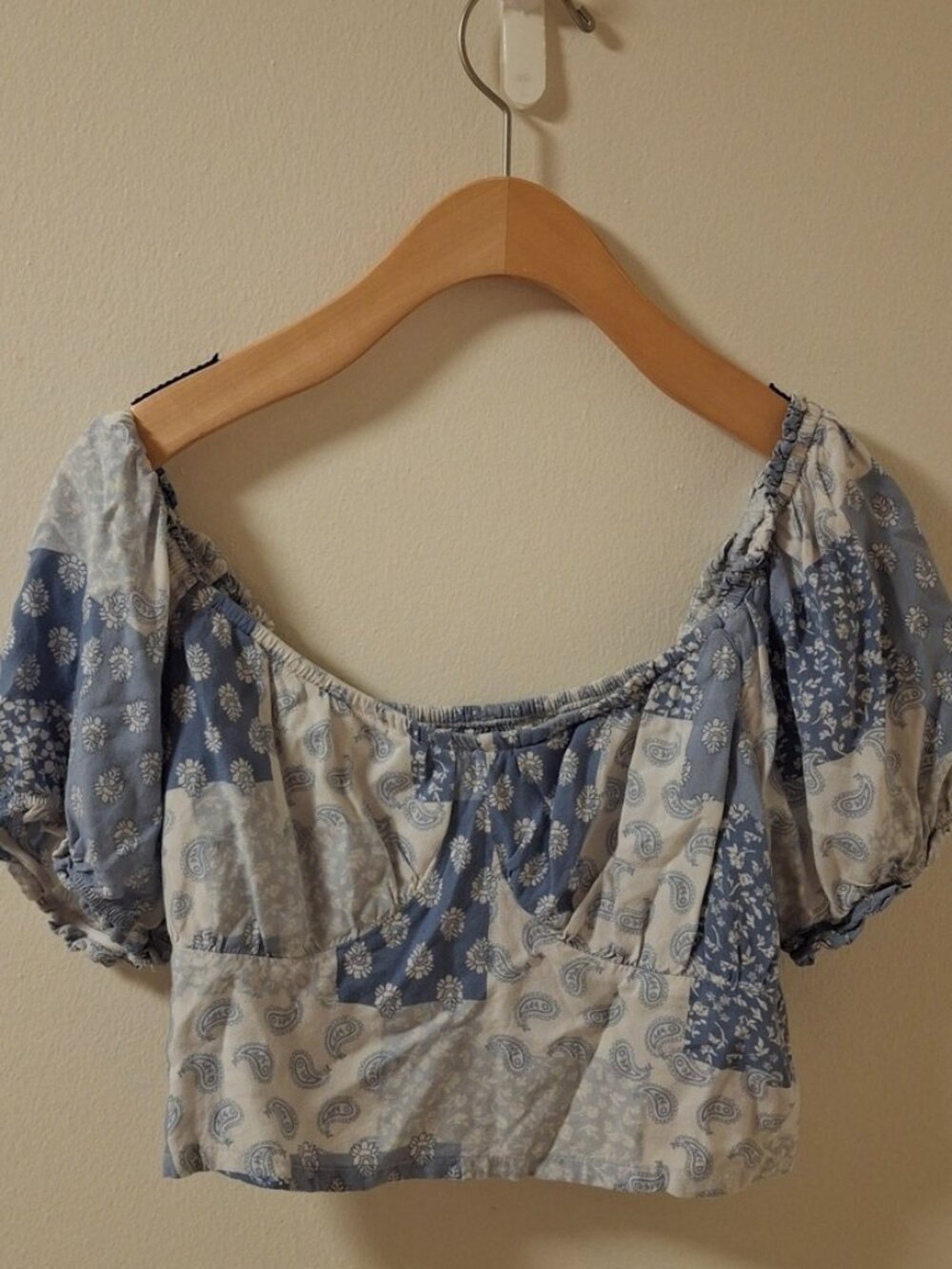 Blue and White Puff Sleeve Crop